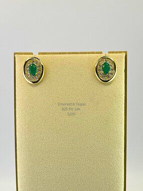 Natural Emerald & White Topaz Halo Earrings 925 Sterling Silver 14K Gold Plated